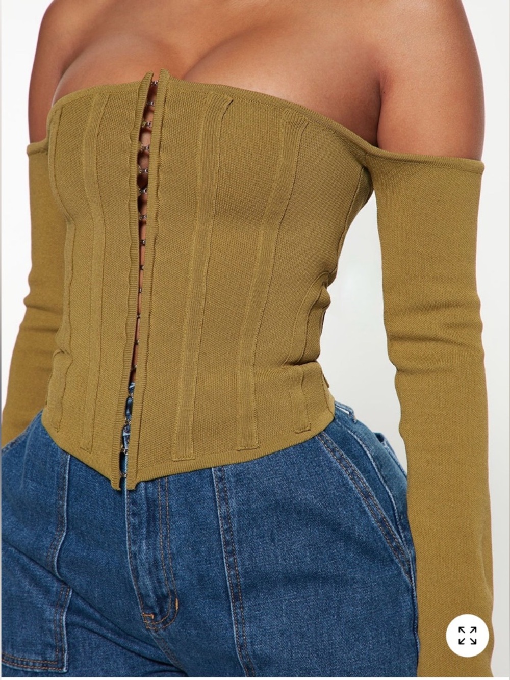 Off-Shoulder Corset Knit Top in Olive